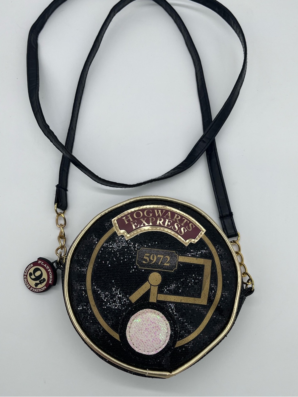 Hogwarts Express Round Crossbody Bag in Black with Gold Trim